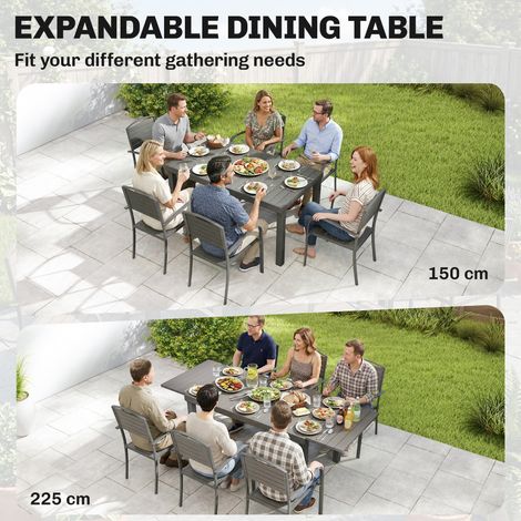 Ensemble de mobilier de jardin 7 pièces, table extensible avec 6 chaises, effet bois, structure lattée, cadre aluminium (1/4)