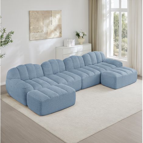 Canapé modulaire 4 places en tissu polaire granulé bleu, forme U, avec 2 ottomans, sans structure rigide (1/5)