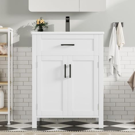 Meuble de salle de bain sur pied 60 x 46 x 84,8 cm avec vasque intégrée, finition laquée, étagères à double porte, tiroirs pratiques, étagères réglables, vasque en céramique intégrée, blanc