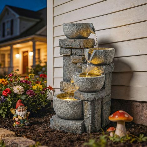 Fontaine de Jardin Cascade 4 Niveaux Décoration Effet Pierre et Brique avec LED 28 x 25 x 54.5 cm