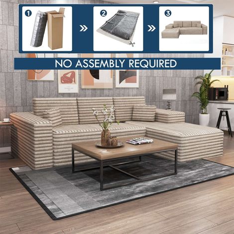 Smart Corduroy L-Shaped Corner Sofa in Left or Right Facing - Camel Right Corner
