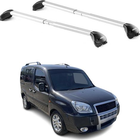 OMAC Barres de toit transversales certifiées TÜV pour Fiat Doblo Malibu / Doblo II 2000-2021 – Verrouillables (4 antivols) – Charge max 100 kg – Sangle inox + protection caoutchouc Argent (1/4)