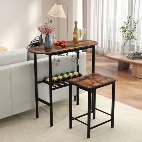 Ensemble de Table de Hauteur de Comptoir 3 Pièces Table à Manger Ovale et 2 Tabourets avec Porte-Bouteilles Porte-Verres à Vin Café (1/3)