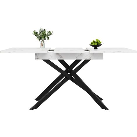 Table à manger extensible 120 à 160 cm, plateau effet marbre blanc, pieds croisés noirs en métal, idéale pour 6 à 8 personnes, CHICFURN (1/5)