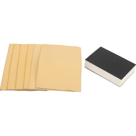 Papier de verre jaune floqué auto-adhésif, grains 80/120/240, avec bloc éponge. (1/5)