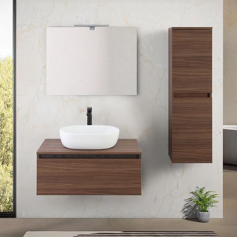 Mobile bagno sospeso 80 cm ossido e noce con lavabo e specchio Kleo (1/5)