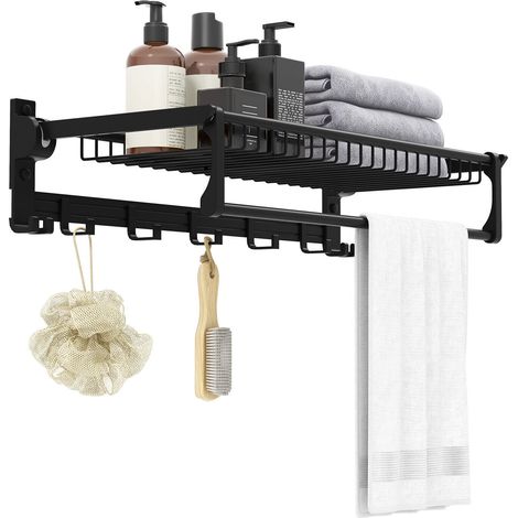 Foldable Bathroom Towel Rack Wall Mounted Towel Shelf w/Towel Bar-Black (1/5)