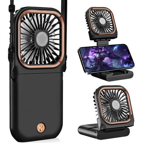 Ventilateur Cou Portable - Personnel - Silencieux pliable rechargeable USB support téléphone - Maison bureau voyage extérieur - Noir (1/5)