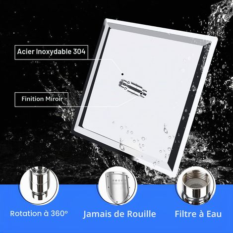 Pommeau de Douche 10 Pouces/25cm Tête de Douche en Acier Inoxydable 304 Avec Buses Anti-calcaire Pommeau de Douche Carré 25 x 25 cm Chrome Poli (1/5)