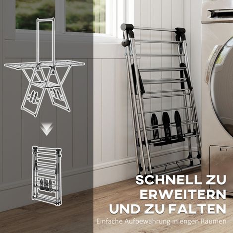 Sèche-linge pliable sur pied avec ailes réglables, porte-chaussures, acier inoxydable, 156,5 x 68 x 192 cm, argent (1/5)