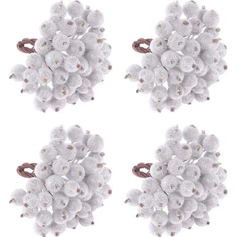 160pcs Frosted Silver Fruit Berry Holly Christmas Flowers Artificial Flowers Berry Christmas Tree Flower Decorations, Christmas Table Flower Decoration (Frosted Silver - 160Pcs) (1/4)