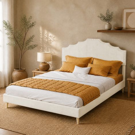 MEUBLIV Cama 140x200 cm beige con cabecero geométrico acolchado, sin colchón (1/5)