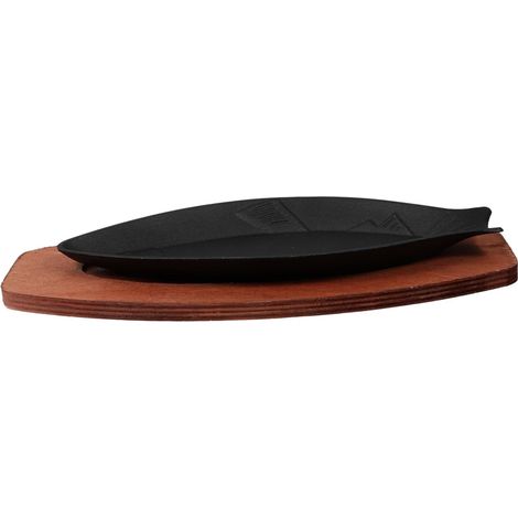 Fischsteakpfanne, tragbares Küchengerät zum Kochen und Servieren, 36 x 16 cm große Fischpfanne mit Holzbrett