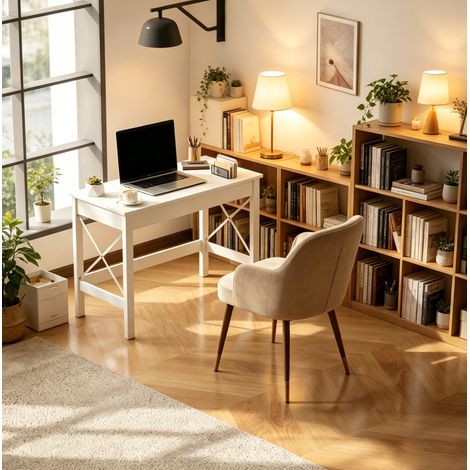 Bureau 105x50x76 cm en panneau de bois blanc, gain de place pour bureau FloraGrace (1/5)