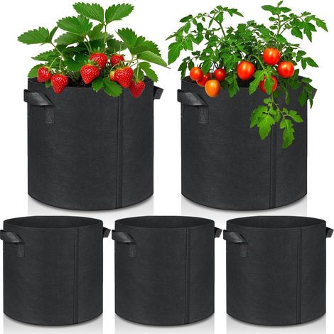 Lot de 5 sacs de plantation en tissu de 20 l avec poignées solides - Sacs de plantation pour l'extérieur pour pommes de terre, tomates et fleurs (noir, 5 gallons) (1/5)