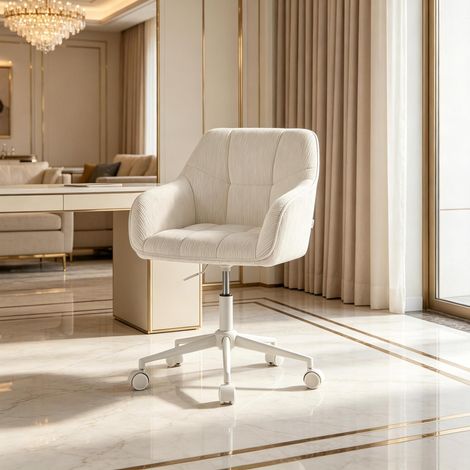 Sedia da ufficio girevole beige in velluto a coste con schienale alto e altezza regolabile (1/5)
