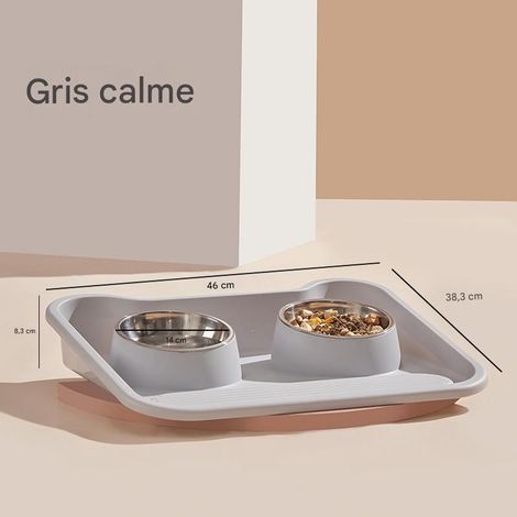 Gamelle double en acier inoxydable pour chat - Anti-débordement, repose-cou, convient aux chats et chiens domestiques - Gris serein