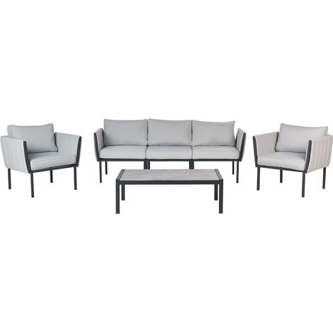 Lounge Set Schwarz Stahl 4-Teilig 5-Sitzer mit Kissen Hellgrau Modern Terrasse Outdoor Garten Set 3-Sitzer Sofa 2 Sessel u. Couchtisch