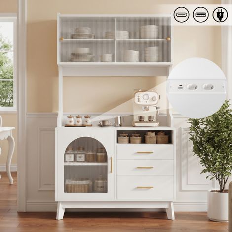 Aparador, vitrina alta para comedor de 100,5 x 40 x 178 cm, con varios niveles de almacenamiento, toma de corriente integrada y puertos USB-C y USB-A, color blanco. (1/5)