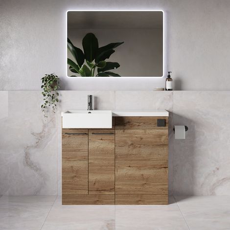 Napoli 250 Tobacco Oak 1000mm 2 Door Vanity Unit Toilet Suite with Left Hand Square Rico Semi Recessed Basin - 1000mm - Gunmetal Grey 160mm HandleWithout Kingston Toilet Pan
