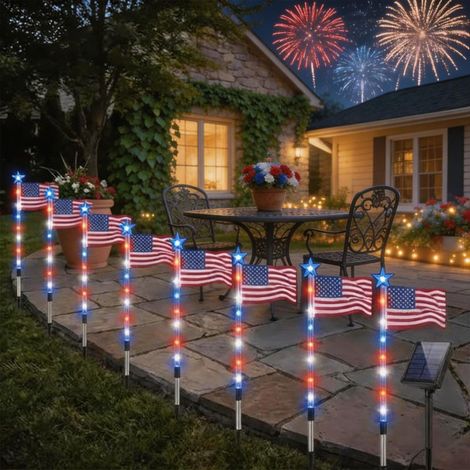 Lumières solaires pour allées en forme de drapeau américain, 8 modes, étanches, 8 pièces (rouge, blanc, bleu) (1/5)