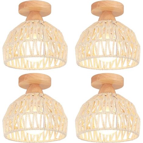4pcs Plafonnier Industriel Lampe de Plafond Vintage en Cage Lustre Abat-jour en Bois Rotin Blanc Style Rural pour Salon (1/5)