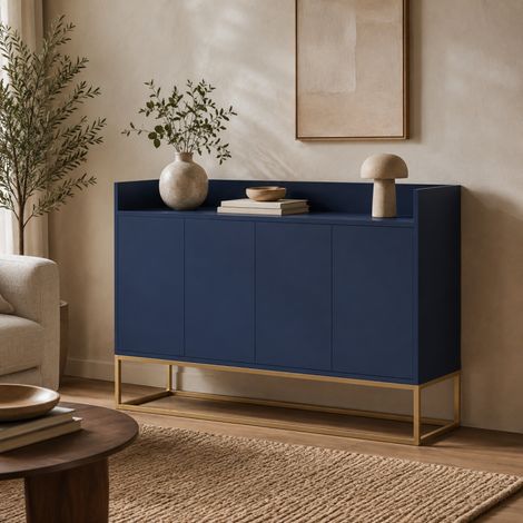 Buffet de rangement 120 x 30 x 80 cm à étagères réglables, Commode à 4 portes, Meuble bas, Armoire Tiroirs, pour Salon, Chambre, Salle à Manger, bleu, MDF (1/5)