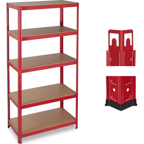 Lot de 2 étagère charge lourde, Meuble 5 niveaux, Cave charge 875 kg, garage, 180x90x45 cm, acier, MDF, rouge