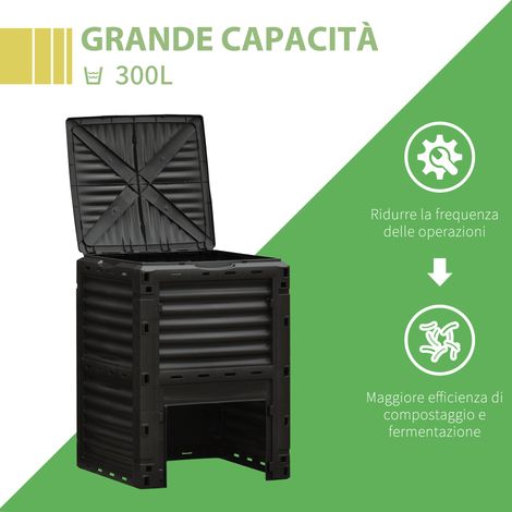 Bac à déchets organiques 300L noir, composteur de jardin en plastique résistant, bidon à compost avec couvercle à verrouillage.