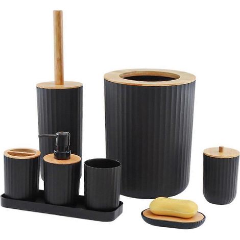 Waschset für Bambus- und Holzprodukte, Badezimmer-Accessoire-Set, Kunststofftablett, achtteiliges Badezimmer-Set (1/5)