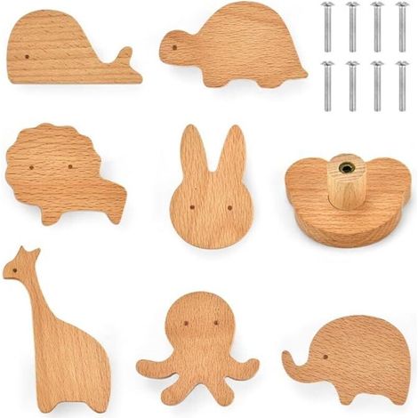 Lntyq Lot de 8 boutons de tiroir en bois massif pour commodes, boutons de porte d'armoire en bois, poignée de meuble en bois, boutons de tiroir en bois avec vis pour armoires de garde-robe (8 styles)