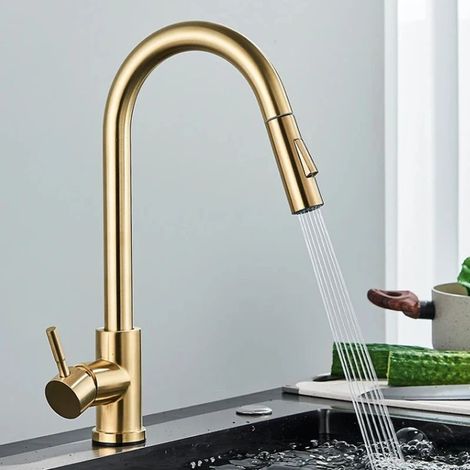 Robinet de cuisine, design moderne, douchette extensible, construction en laiton durable, finition or brossé (1/2)