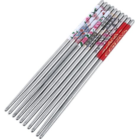 Baguettes En Acier Inoxydable - Motifs Floraux Variés - Poignée Antidérapante - Pour Repas Élégants - Lot De 5 Paires (1/5)