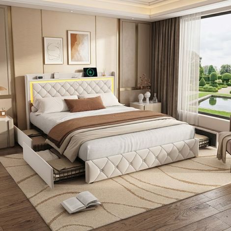 Lit 140x200 cm avec 4 Tiroirs, Éclairage LED et Chargement USB, Tête de Lit en Velours Beige, Lit double avec rangement, pour Enfants et Adolescents, Velours, Beige (1/5)
