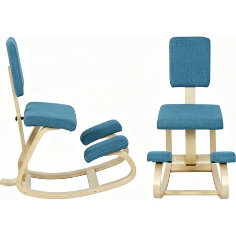Sedia inginocchiata ergonomica con schienale in legno e tessuto blu scuro 84x51x93 cm (1/5)