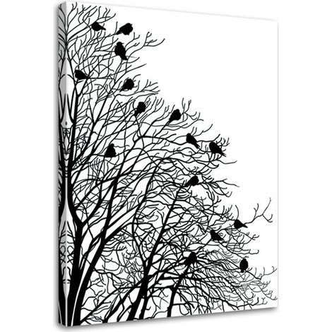Tableau sur toile Oiseaux sur branche Noir Blanc 60x90 (1/5)