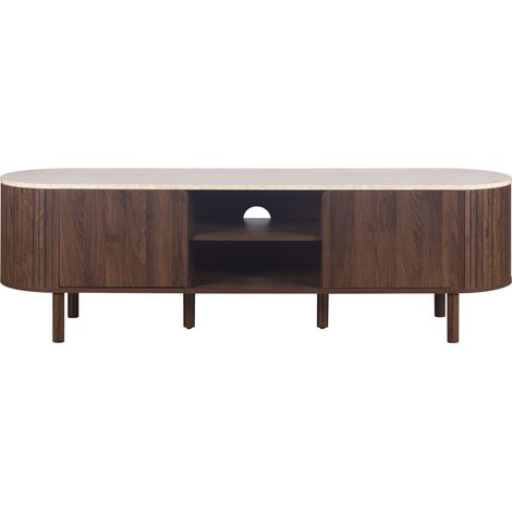 Meuble TV 2 portes en bois effet travertin L 160 cm - Bois foncé - Alma