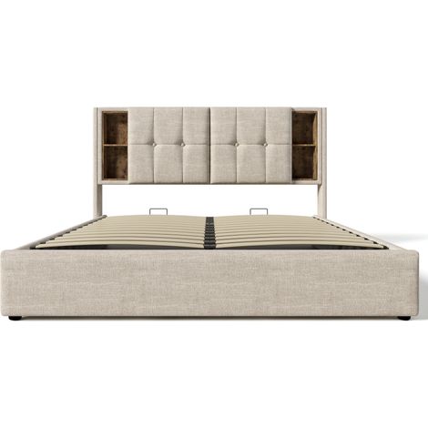 Lit double 180x200 cm avec rangement, recharge sans fil, USB-C, tissu lin naturel HOMVRA (1/5)