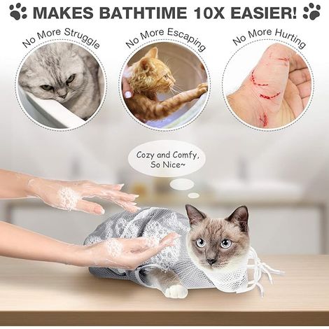 Duschbeutel aus Netzgewebe für Katzen, verstellbarer Waschbeutel für Fellpflege und Baden, multifunktionales Zubehör zur Katzenfixierung, Krallenschere, Ohrenreiniger, beruhigend (grau)