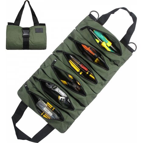 (verde) Bolsa de herramientas multifunción en rollo de lona Bolsa de herramientas portátil con 6 bolsillos con cremallera adecuada para el hogar diario, carpintería, herramientas de electricista (1/5)