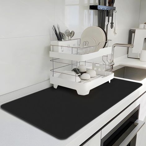 Tapis Égouttoir Vaisselle pour Plan de Travail de Cuisine, 42 x 71 cm, tapis Super Absorbant pour Coin Café, S'adapte Sous la Cafetière, la Machine à Expresso, Tapis Egouttoir Facile à Nettoyer, Noir (1/5)