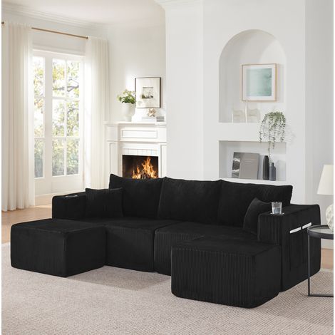 Sofá esquinero modular de 3 plazas con 2 pufs, negro HAVRYA (1/5)