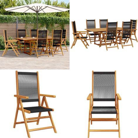 Set de comedor jardín 7 pzas polipropileno madera maciza negro - Mesa de jardín - Sillas de jardín