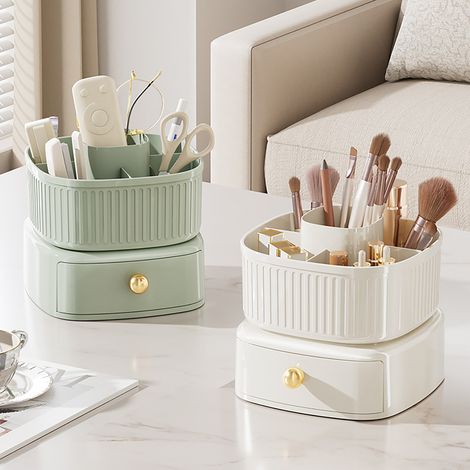Boîte De Rangement Pour Maquillage - Rotation 360° - Tiroirs Intégrés - Pour Table De Toilette Salle De Bain Bureau - Vert - 1 Pièce (1/5)