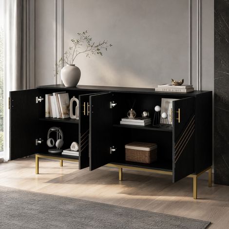 Aparador de 4 puertas 160 x 40 x 80,5 cm, MDF negro y madera HAVRYA (1/5)