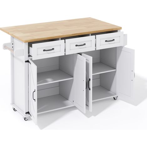 Isla de cocina blanca y natural de MDF con tablero abatible 140 x 70 x 90,5 cm (1/5)