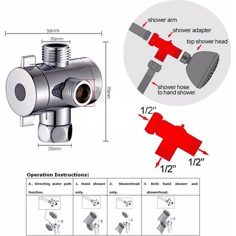 Robinet Divertisseur Trois Voies - 1/2 Pouces - Entrée Femelle IPS - Pour Douche À Main Et Bidet - Montage Sur Bras De Douche - ABS - 55x70x20 mm (1/5)