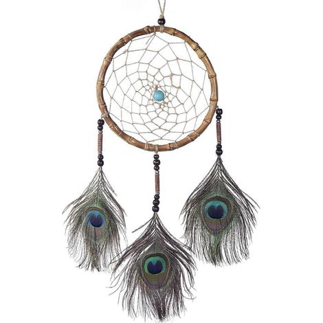 Grand attrape-rêves avec perles et véritables plumes, brun noisette - 18 cm (1/5)