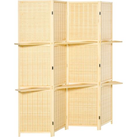Biombo separador de ambiente de bambú plegable color natural con baldas laterales (1/5)