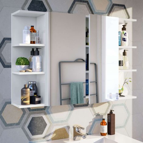 Pack 2 estanterías + Armario con Espejo para Baño Aseo Color Blanco Brillo almacenaje Muebles